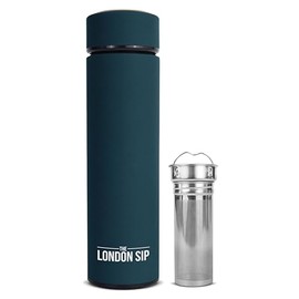 London Sip - Taza de viaje y vaso de infusor de frutas, termo de acero inoxidable de doble pared con infusor extralargo, color verde azulado medianoche