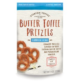 Everton Butter Toffee Pretzels, Vanilla Bean Flavor (4 oz bag, 6-pack) Gourmet Artisan Toffee Covered Pretzels, Sweet & Salty Mini Pretzel Snacks, Small Batch Crafted