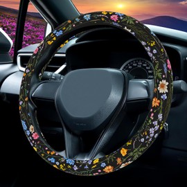 Wildflower Steering Wheel Cover, Flower Car Accessory for Diverse Cars, Steering Wheel Cover Non-Slip Breathable Fabric Absorbing Sweat Universal Car Accessories 14.5–15 inch