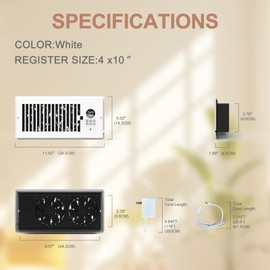 DDPow 1.75x Heavier & Durable Steel – 4"x10" Register Booster Fan, Ultra-Quiet, 10-Speed, Built-In Thermostat, Mechanical Damper, Efficient HVAC Vent Booster (Matte White, 1 Pack)