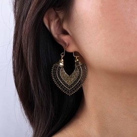 Cybche Boho Filigree Heart Earrings Gold Filigree Heart Dangle Earrings Ethnic Gypsy Hoop Earrings Carved Hollow Flower Earrings Tribal Ethnic Earrings Jewellery for Women, Zinc, No Gemstone