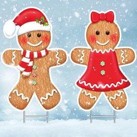 Christmas Gingerbread Boy and Girl Yard Sign Decoration, Large Delightful Frost Smile Gingerbread Boy and Girl Sign with Metal H Stake for Christmas Winter Holiday Outdoor Lawn Yard Garden Decorations