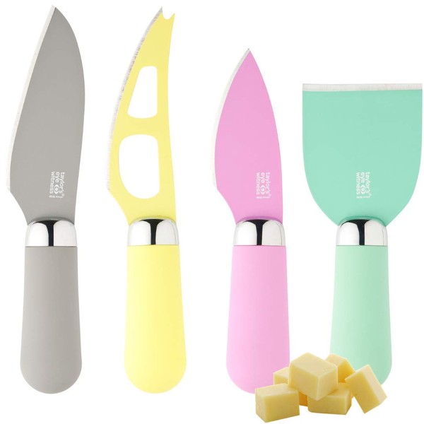 Taylor's Eye Witness Cheese Knives - Brooklyn 4 Piece Cheese Knife Set - Pastel Colours. With Anti-Bacterial, Non-Stick Coated Blades & Soft Grip Handles for added control & comfort. 2 Year Guarantee.