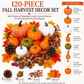 120-Piece Fall Harvest Decor Set with Artificial Mini Pumpkins and Gourds