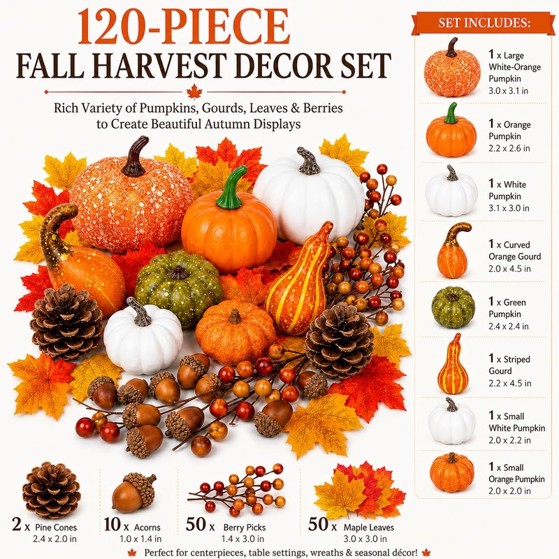 120-Piece Fall Harvest Decor Set with Artificial Mini Pumpkins and