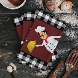 Dish Towels for Kitchen, Hand Towel Cleaning Cloths Cartoon Fat Chef Food Utensils Absorbent Fast Drying Dish Rags, Dark Maroon Buffalo Grid Bathroom Cloth Set of 2 with Hanging Loop