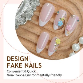 24Pcs French Press on Nails Short Almond with 3D Flower Tip Design LINMEIZAI Fake Nails Press ons Nail Glue on Nails Full Cover Acrylic Nail Tips Kit False Nails Stickers Nail Art for Women