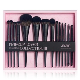 Jessup Brochas para Maquillaje 14Pcs Negro Kabuki Fundación Sombra de ojos Contorno Corrector Polvo Delineador de Ojos Pincel para Difuminar Cejas Con Caja de Regalo, T336-G