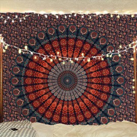 Bless International Handmade Indian hippie Bohemian Psychedelic Peacock Mandala Wall hanging College Dorm Beach Throws Table Cloth Bedding Tapestry (Golden Blue, Queen(84x90Inches)(215x230Cms))