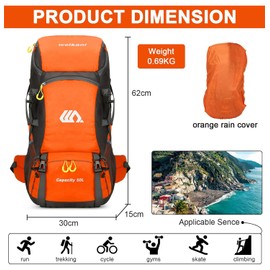 jianyana Hiking Backpack Waterproof 50L Foldable Rucksack Durable Lightweight Camping Bag with Rain Cover for Camping Trekking Hiking Walking Cycling Climbing Outdoor Sports for Women Men Orange