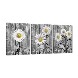 iHAPPYWALL 3 Pieces Bathroom Wall Art Yellow Grey Daisy Flowers Vintage Grey Floral Picture Print for Rustic Bath Bedroom Kitchen Home Decor Ready to Hang 12x16inchx3pcs