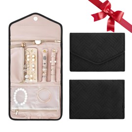 Jewelry Travel Organizer for Women, Portable Travel Jewelry Organizer Bag Travel Jewelry Organizer Roll Foldable Jewelry Case for Journey-Rings Necklaces Bracelets Earrings (Black)