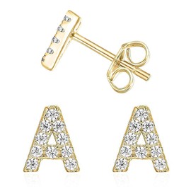 Initial Stud Earrings for Girls,14K Gold Plated Sterling Silver CZ Post Cubic Zirconia Stud Earrings Alphabet Letter Earrings,Initial Earrings Hypoallergenic Earrings for for Women Teen Girl Gifts (A)