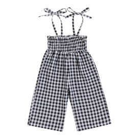 Baby Flare Jumpsuit Toddler Girl Smocked Romper Plaid Wide Leg Overalls Floral Flare Pants Sleeveless Strap Playsuit (Black, 4-5 Years)