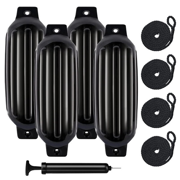 Marine and Rv Direct 4 Boat Fenders 6.5” X 23” Vinyl Ribbed Bumper Dock Shield Protection Includes 7 Foot Long 3/8s Braided Fender Lines & Pump to Inflate