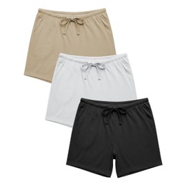 Sexy Basics Women's 3 Pack Cotton Sleep Pajama Shorts with Pockets & Drawstring (3 Pack- Black/Khaki Nude/White, Small)