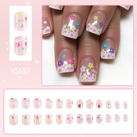 EYZOTSF Press on Nails Short Square Shaped Acrylic Extra Short Length Square False Nails with Designs Artificial Fake Nail with Charms Glue Stick ons Fingernails for Women Girls(YS657)