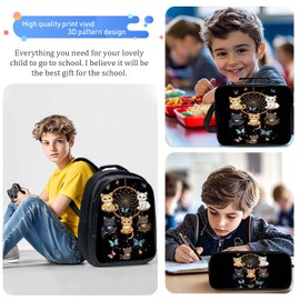 Snapjet Cute Cat Backpack 3PCS 16" Preschool Elementary Schoolbag with Lunch Box Pencil Case Bookbag Set for Girls Boys Kids Children Teens School Students