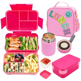 Pink Lunch Box for Girls with 10oz Thermo, with 6 Compartment Bento Box, Nylon Insulated Lunch Bag Adjustable Strap for Girl Kids Teens School Travel Picnic