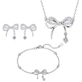CERSLIMO Jewellery Set for Women Girls - Dainty Butterfly Bow Pendant Necklace, Silver Stud Earrings for Women & Adjustable Silver Bracelet Set | Jewellery Set for Girlfriend Wife Wedding Gifts