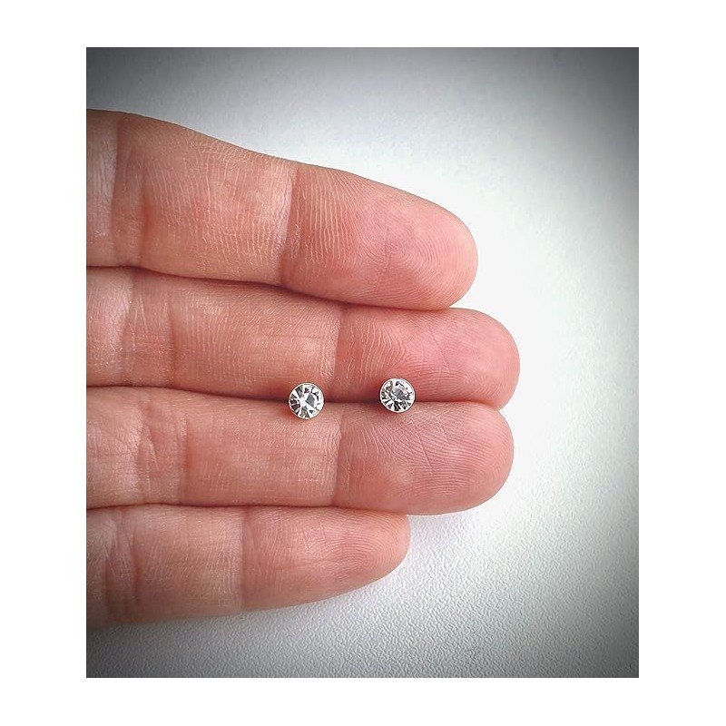 Round Crystal Stud Earrings - 925 Sterling Silver (Clear Austrian