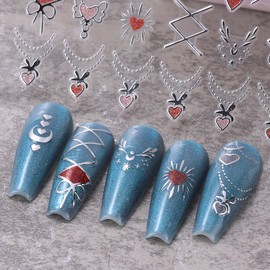 FOXIIU Silver Nail Art Stickers Sun Moon Star Heart Line Flower Nail Self-Adhesive Sticker Design 3D Silver Nail Transfer Decals Supplies for Women Girls Manicure Charms Decorations DIY Nail Art Decal