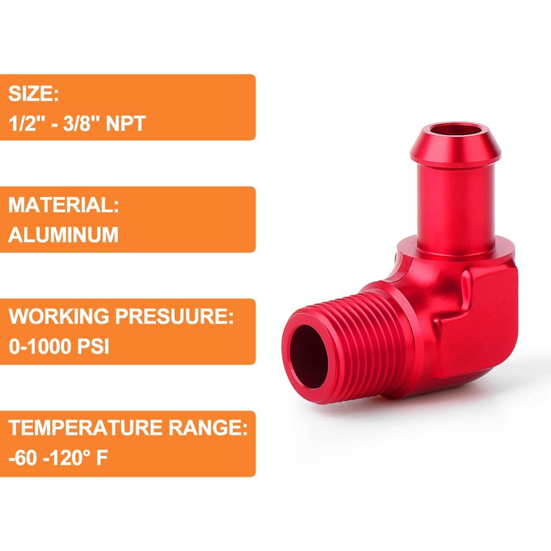 GASHER 2PCS 3/8" NPT Male to 1/2" Barb 90 Degree