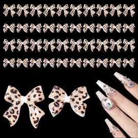 60Pcs Leopard Print Bow Nail Charms 3D Bow Nail Art Charms for Acrylic Nails Bows Designs Nails Accessories for Stylish Design and DIY Manicure Crafts Art Decoration