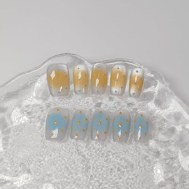 Medium Square Press on Nails Cat Eye Handmade False Nails with Designs, French Tip Short Coffin Reusable Fake Nails (Orange Blue#Small)