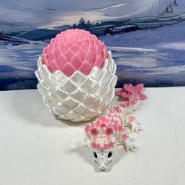 3D Printed Baby Dragon with Dragon Egg, Articulated 6" White and Pink Cherry Blossom Baby Dragon, Fidget ADHD Autism Toy BD004WP-WPE