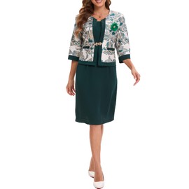 Women's Two Piece Dress Church Suit Mother's Gift Formal Occasion Party Jacquard Embroidery Jacket Church Set Green