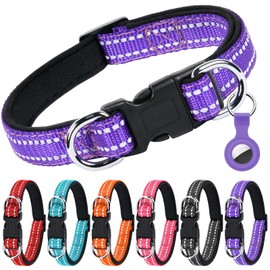 AUAUY Reflective Nylon Dog Collars, Double Security Adjustable Classic Pet Collars with Soft Neoprene Padding AirTag Case, Dual D-Ring Quick Release Buckle for Small Puppy, Medium Large Dogs(Purple-S)