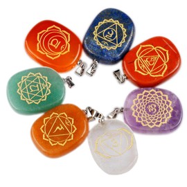 KYEYGWO Various Engraved Tumbled Healing Crystal Stone Beads DIY Charm Drop Pendant for Necklace Jewellery Making Set, Stone and alloy