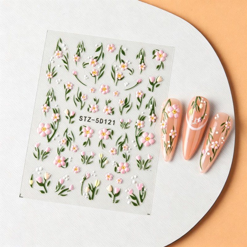 5D Embossed Daisy Lavender Nail Stickers, 5 Sheets Self Adhesive
