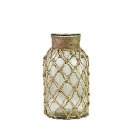 rismart Rustic Glass Bottle Flower Vase with Rope Net Home Decoration Green 16.2 x 8.2 cm