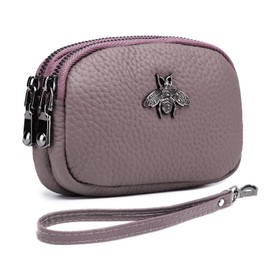 imeetu Women Leather Coin Purse, Small 2 Zippered Change Pouch Wallet(Dark Pink, Wrist Strap)