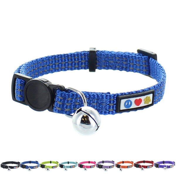 Pawtitas Reflective Cat Collar with Safety Buckle and Removable Bell Cat Collar Kitten Collar Blue Cat Collar