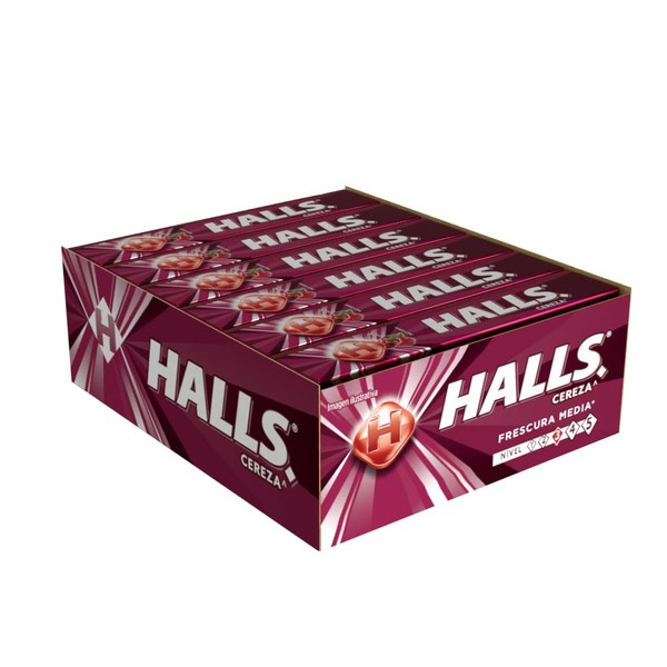 Halls Caramelo macizo sabor cereza, caja con 12 paquetes de 25.2 gr cada uno