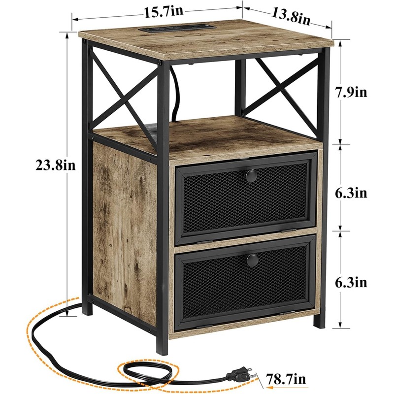 VECELO Dust Grey End Table with USB Ports and Outlets,24