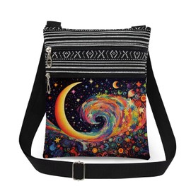 XiaoGalaee Cosmic Swirl Print Crossbody Bag Nebula Print with Golden Crescent & Twinkle Stars Messenger Bag Adjustable Strap for Celestial Enthusiast Christmas Gift Birthday Present​​ for Friend
