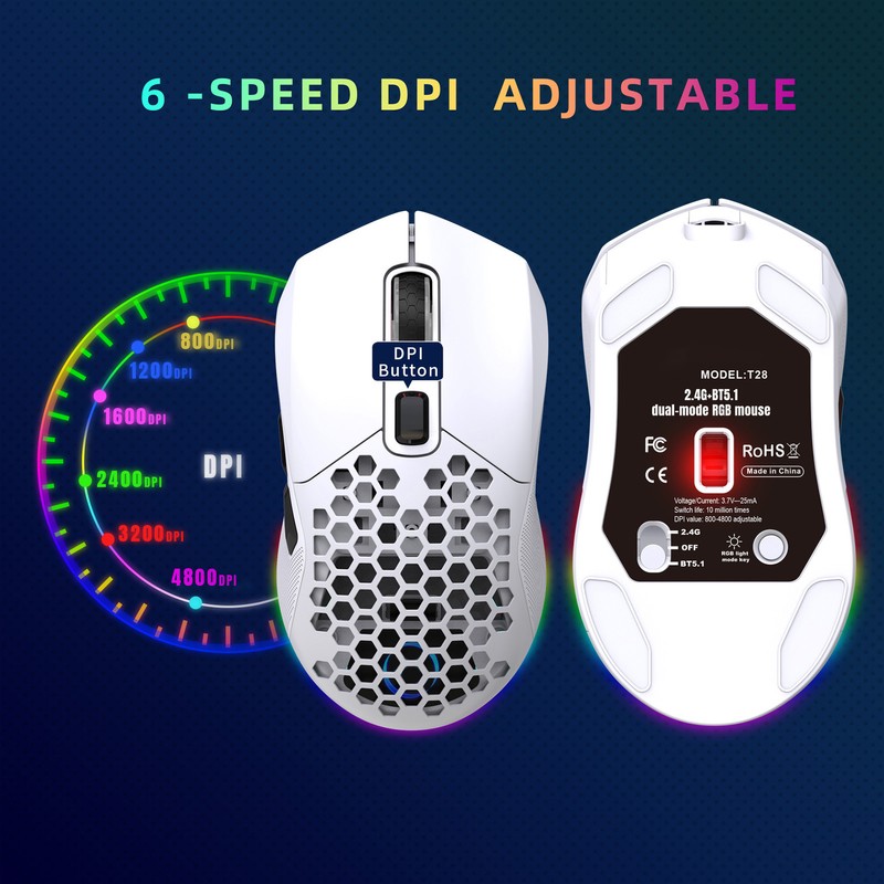 Wireless Mouse 2.4G Or BT5.1 Adjustable DPI Hollowed Out RGB