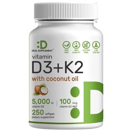 DEAL SUPPLEMENT Vitamin D3 5,000 IU + K2 MK7 100mcg Softgels | 2-in-1 Complex with Virgin Coconut Oil | Supports Heart, Bone, Teeth & Immune Health | Easy to Swallow