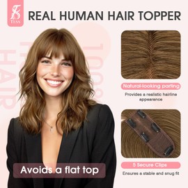 TESS Real Hair Toppers for Women Handmade Lace Base Womens Clip In Hairpieces with Bangs 5 Clips Natural Coverage Soft and Secure 2×6", Medium Brown