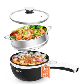 Dezin Hot Pot Electric with Steamer Upgraded, Non-Stick Sauté Pan, Rapid Noodles Electric Pot, 1.5L Mini Pot for Steak, Egg, Fried Rice, Ramen, Oatmeal, Soup with Power Adjustment (Egg Rack Included)