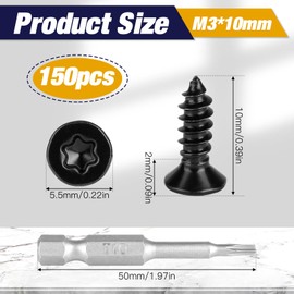 Pack of 150 Torx Wood Screws, Stainless Steel Screws, Black, M3 x 10 mm Countersunk Head Tapping Screws, Universal Self-Tapping Screws with T10 Screwdriver for Furniture (M3 x 10)