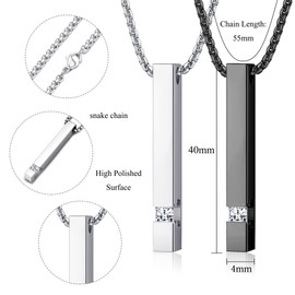 SAILIMUE 2Pcs Stainless Steel Bar Pendant Necklace for Men Women Couples Necklaces Cuboid Silver/Black CZ Bar Pendant with 22 Inches Chain Necklace Unisex