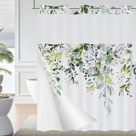 XZTXBest No Hook Floral Shower Curtain with Snap in Liner,Hotel Style Sage Green Eucalyptus Leaves Shower Curtain with See Through Top Window,Waterproof &Machine Washable,71Wx74H