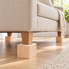 4 Pack Solid Wood Furniture Risers, Square Bed Sofa and Chair Leg Lifts with Recessed Tops, Natural Wood
