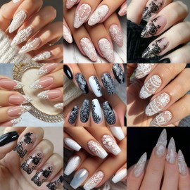 4 Sheets Lace Nail Art Stickers Black Flower Lace Nail Decals Self Adhesive 5D Micro Embossed Lace Flower French Tips Nail Designs Pegatinas Uñas Nail Supplies for Women DIY Acrylic Nails Decoration