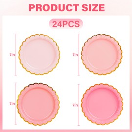 AimFun 24Pcs Pink Paper Plates Gradient Color Disposable Dessert Party Plates 7inch Gold Foil Scalloped Plate for Christmas Bridal Baby Shower Wedding Tea Party Supplies
